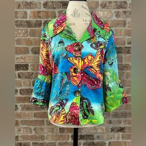 Grace Chuang colorful butterfly vibrant buttoned blazer top blouse 100% silk XXL